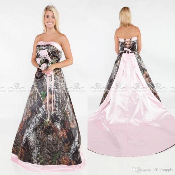 

vintage strapless camo forest satin pink edged wedding dresses 2019 camo forest wedding gowns with lace up and sweep train bridal gowns, White