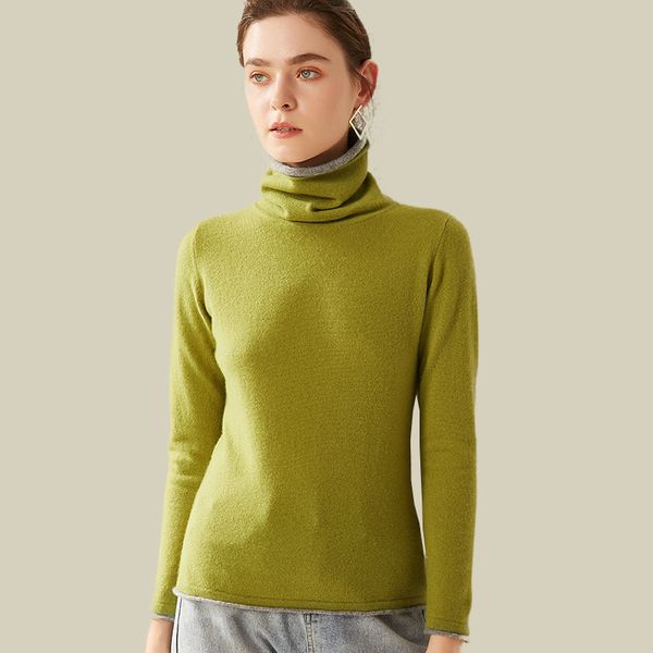 

real wool sweater turtleneck winter women's patchwork double layer high collar warm pullover female long sleeves casual sweaters, White;black