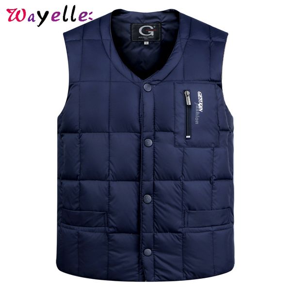

2019 duck down jacket vest men warm sleeveless v-neck button down winter vest men lightweight waistcoat fashion casual, Black
