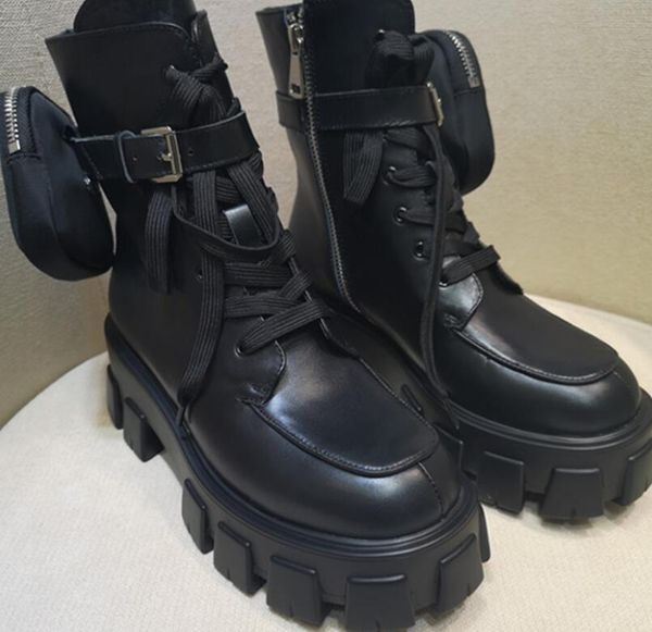 

2019 new collection spring fall womens black real leather lace up chunky platform rubber sole pocket military combat biker boots
