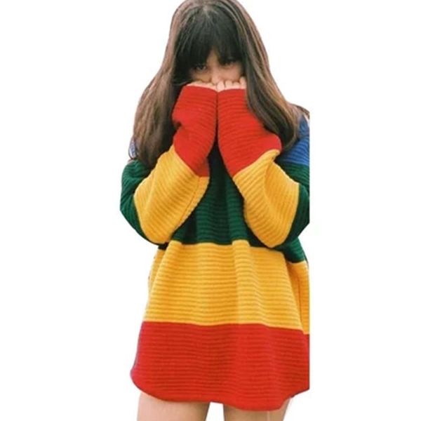 

women sweater rainbow retro street europe and america loose striped gradient sweater pullover ladies sweater size elegant, White;black