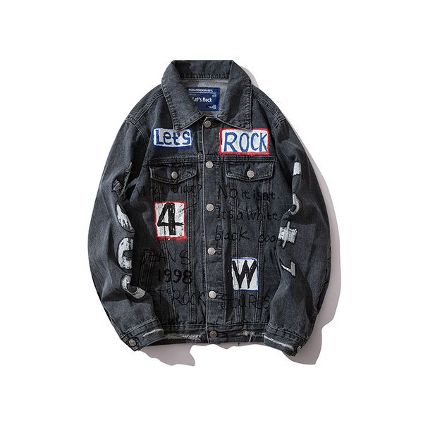 

hip hop denim jeans jackets coats men letter letter print windbreaker casual streetwear baseball jacket outwear, Black;brown