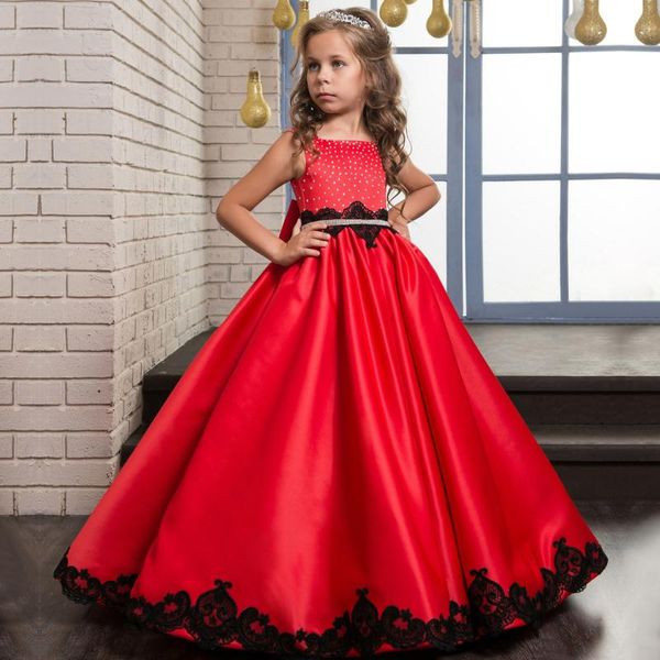 

children kids girls satin ruffled bowknot flower girl dress princess pageant birthday party summer prom formal dress, Red;yellow