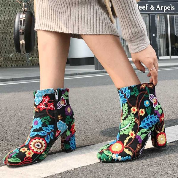 

boots us4-11 womens floral embroidered crystal dimante court ankle side zip chunky high heel suede leather shoes plus sz c574, Black