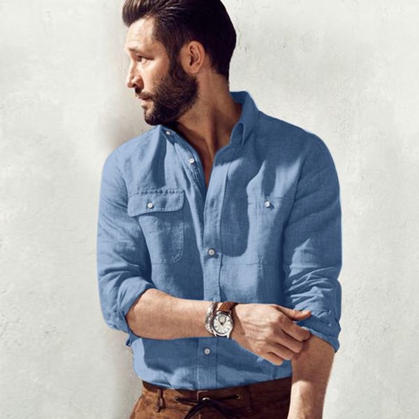 

feitong solid cotton linen shirt men casual multi-pocket shirt blusa social masculina men clothes 2019, White;black