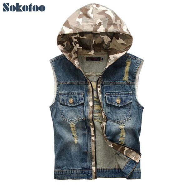 

sokotoo men's casual camouflage patch design hooded denim vest male slim hole ripped coat tank hoodies, Black;white