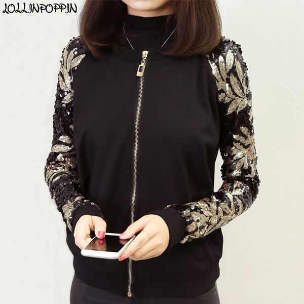 

women's jackets women sequin sleeves black bomber jacket o-neck floral paillette coat 2021 plus size ladies sequinned, Black;brown
