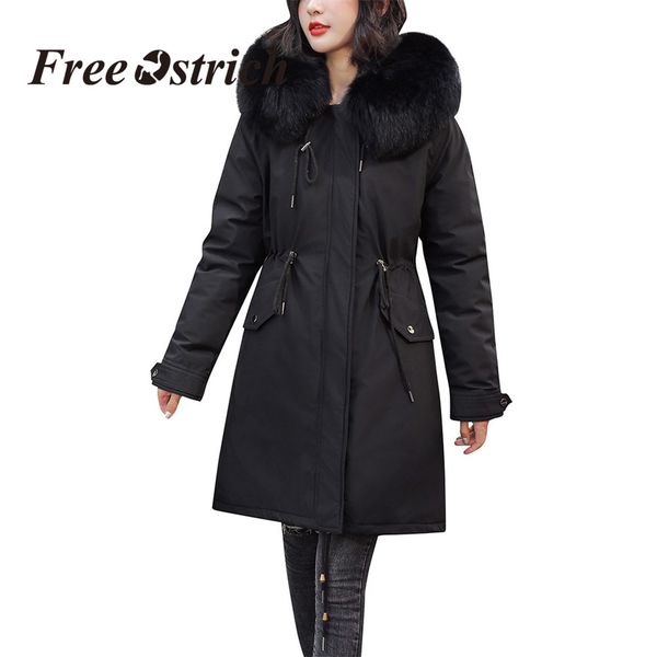 

ostrich coats women winter thick warm coat pockets women parkas zipper faux fur hooded overcoat ladies outerwear plus size, Black