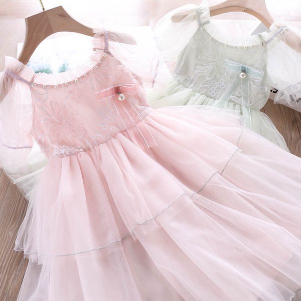 

2020 summer girls pearl bow dress children's clothing wholesale, Red;yellow