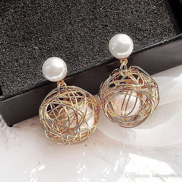 

женщины металл hollow клетка pearl серьга стержня круглые серьги для подарков партии вспомогательного оборудования ювелирных изделий с epack, Golden;silver