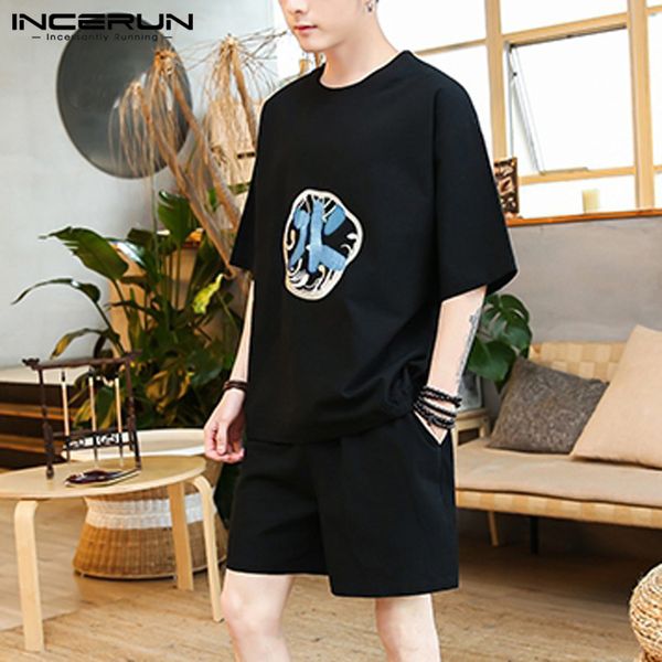 

man chinese traditional suits casual cotton short sleeve printed round neck bottoms elastic waist shorts incerun plus size7, Gray