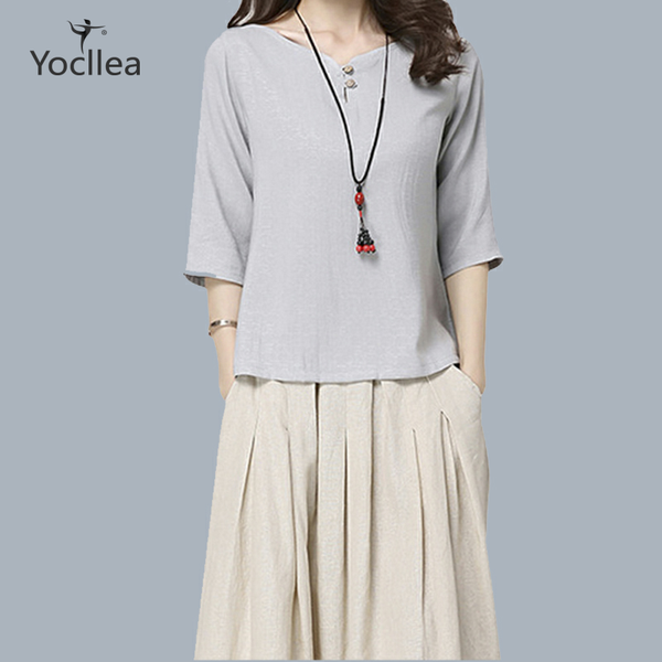 

t-shirt women white casual v-neck cotton linen t-shirts women's three quarter sleeve summer t shirt s-3xl plus size women