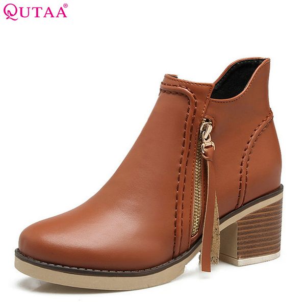 

qutaa 2018 new women ankle boots round toe square high heel rubber zipper design pu leather fashion women boots size 34-43, Black
