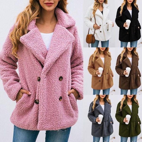

женщины осень зима с длинным рукавом нагрудные воротник кнопки руно толстые теплые пальто, Black