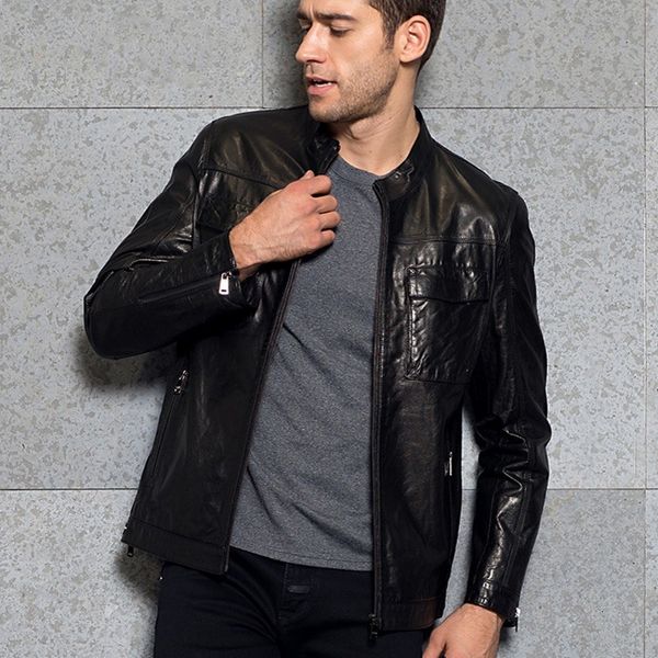 

brand men stand collar motorcycle outwear jacket luxury genuine leather pockets punk coats slim fit business casual jackets, Black
