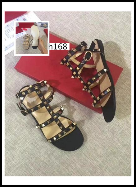 

original box color rivets spiked gladiator flat women sandals stones studded flip sandal big size designer women'ssize 37, Black