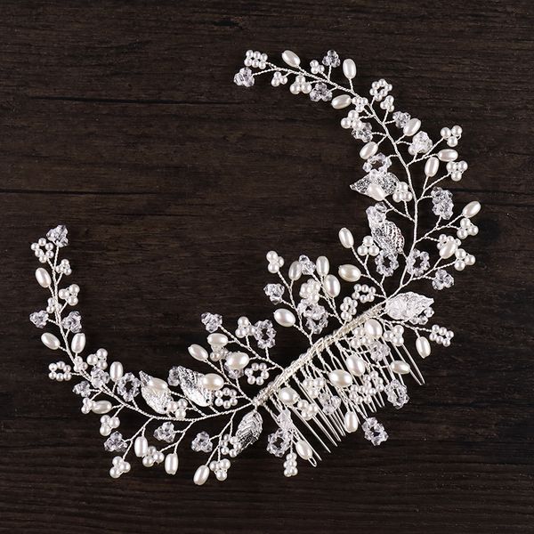 

new arrival silver leaf crystal hair combs hair jewelry accessories wing shape pearl handmade wedding tiara ornament for birde, Golden;white