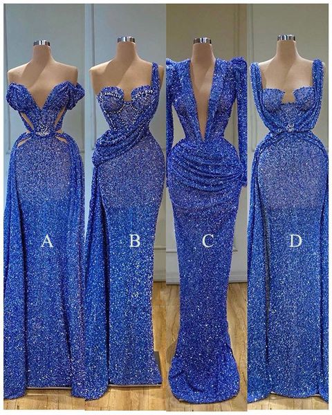 

2020 royal blue sequin long sleeve prom dresses african deep v neck mermaid aso ebi dubai evening gowns, Black