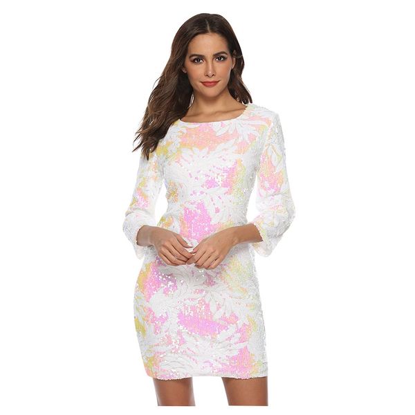 

womens dress fashion printing sequin o-neck mini slim fit zipper party long sleeve dresses casual white formal dress women, Black;gray