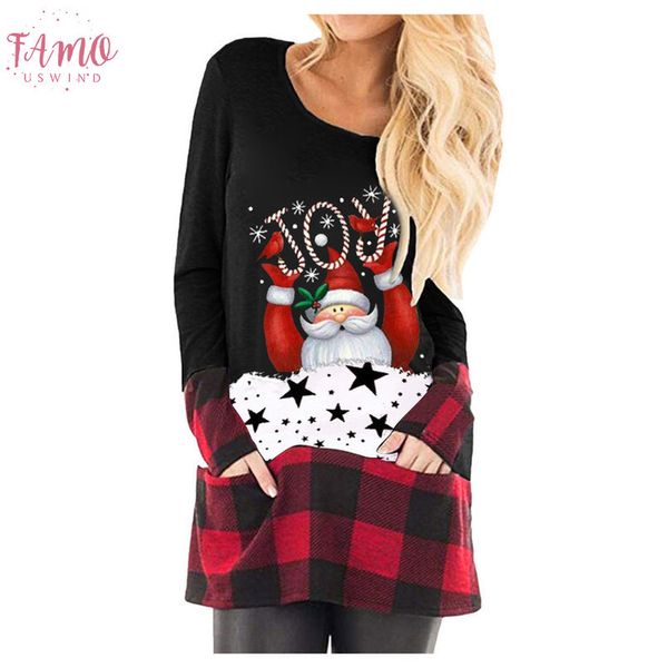 

womens christmas blouses plaid splice hem long sleeve blouse funny cute christmas tunic xmas blouse women long blusas mujer, White