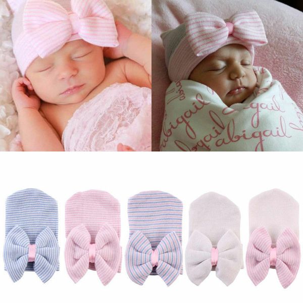 

2020 cute baby girls infant striped cap hospital newborn soft bow beanie hat, Blue;gray