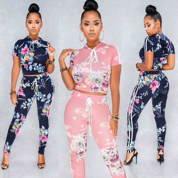 

2pcs women short sleeve floral print hooded crop and lace up long trousers tracksuit hoodies pants sets lounge wear, White