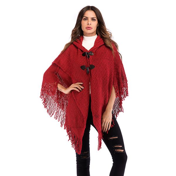

new style european and american women's wear, old style, tassel, double breasted sweater, female hooded bat sleeve, cape shawl, Black