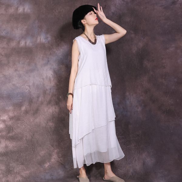 

johnature women sleeveless dress patchwork a-line solid color 2019 summer new casual women cloths fake two pieces dress, Black;gray