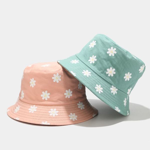 

japanese cotton bucket hat small daisy flower print reversible bright candy color beach panama fisherman cap, Blue;gray