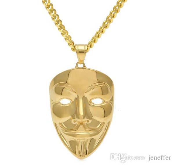 

mens stainless steel gold pendant hip hop style v for vendetta v mask man pendant necklace cuban chain fashion punk jewelry, Silver