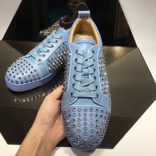 

france designers party shoes classic nails spikes red bottom sneakers genuine leather full spikes orlato men's flat junior low cut trai, Black