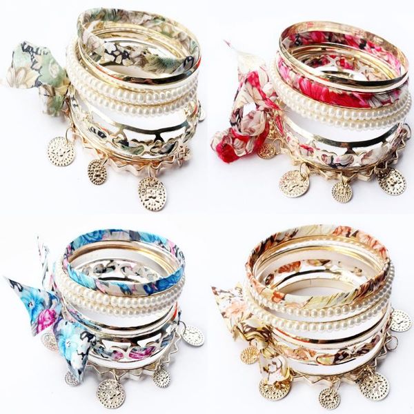 

new women's 6pcs/set pearl beads ribbon coin pendant bracelet bangle, Black