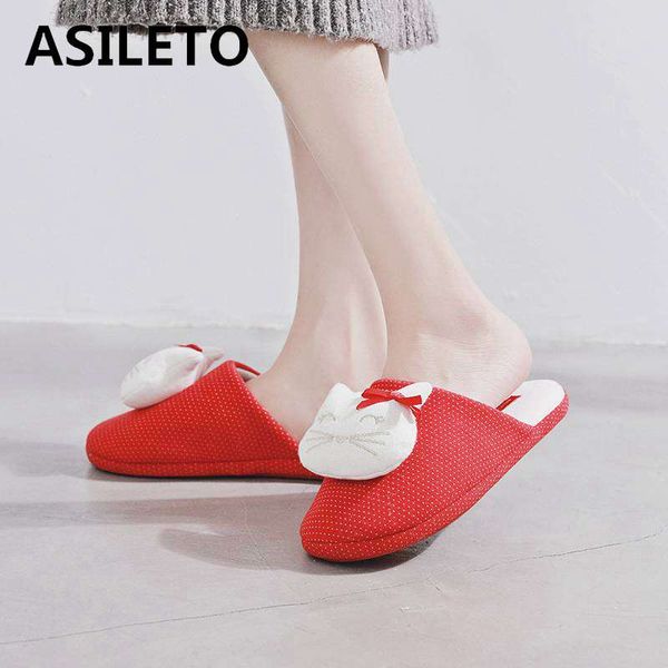 

asileto winter shoes autumn round toe cotton cat cartoon red indoor home slippers indoor ladies footwear pantoufle sapatos, Black
