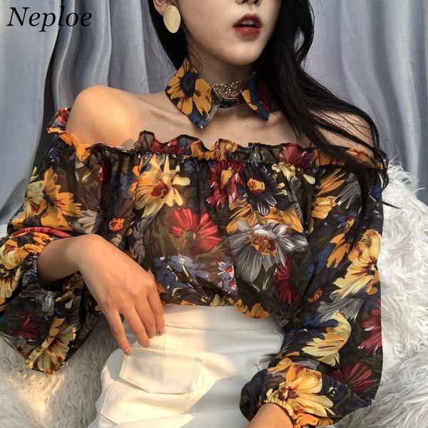 

women spring summer slash neck new off shoulder blusas flower shirts long sleeve blouse vintage lady, White