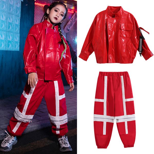

children red hip hop dance costume fashion leather coat girl clothing ropa hip hop jazz stage clothes performance show kids suit, Black;red