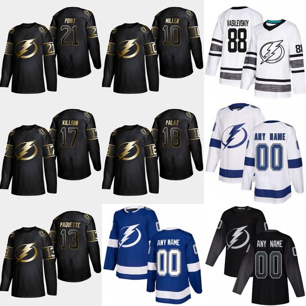 

10 J. T. Miller 2019 Golden Edition Tampa Bay Lightning 21 Brayden Point 18 Ondrej Palat 17 Alex Killorn 13 Cédric Paquette Hockey Jersey