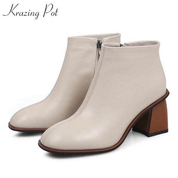 

krazing pot genuine leather winter classic basic daily wear round toe high heels keep side zipper warm women ankle boots l37, Black