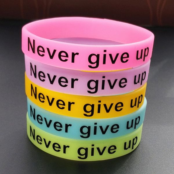 

50pcs never give up luminous sports bracelet for men women teens glow in dark motivational friendship elastic wristband bangle, Golden;silver