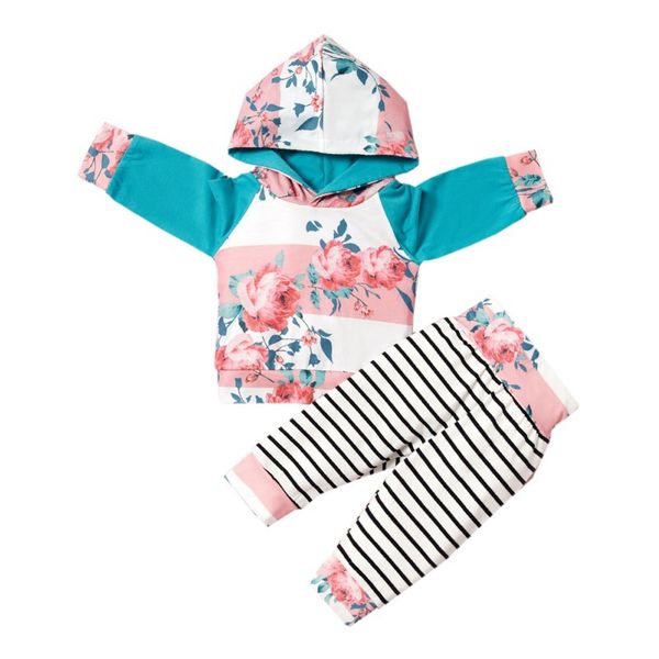 

baby pants set baby girl floral print long sleeve hoodie sweatshirt blouse +stripe pants trouser casual costume set k, White