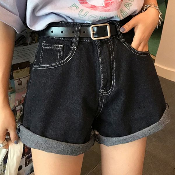 

2019 лето модные женщины джинсовый шорты простой высокой талией сыпучие повседневный wide leg шорты плюс размер черные женские короткие джин, White;black