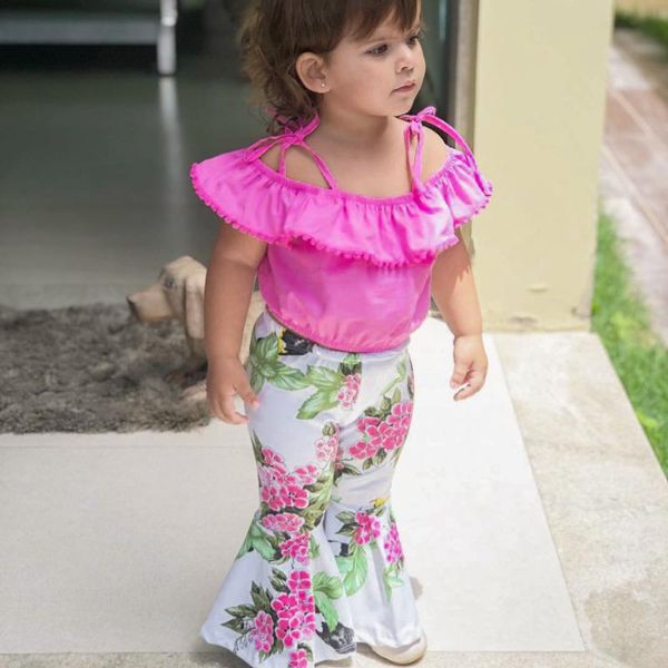 

ins toddler girls clothes boutique outfit for kids lovely flower bell bottom pants with pom pom 2pcs clothing baby, White