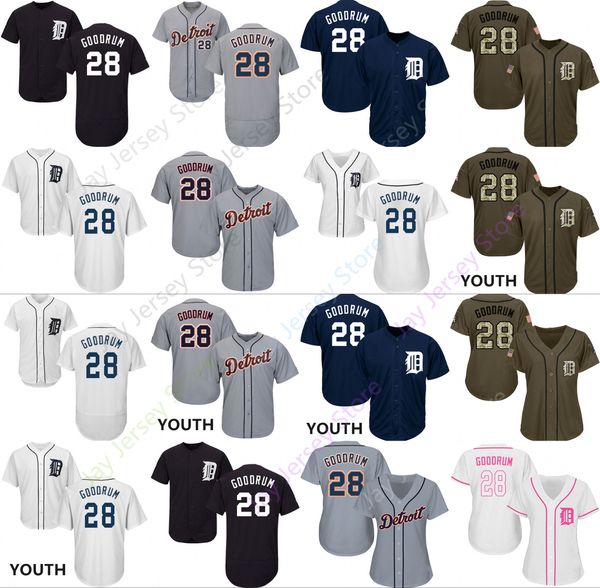 

2019 Detroit 28 Niko Goodrum Jersey Tigers Jerseys Cool Base Flexbase Home Away White Black Red Grey Pullover Button Men Women Youth