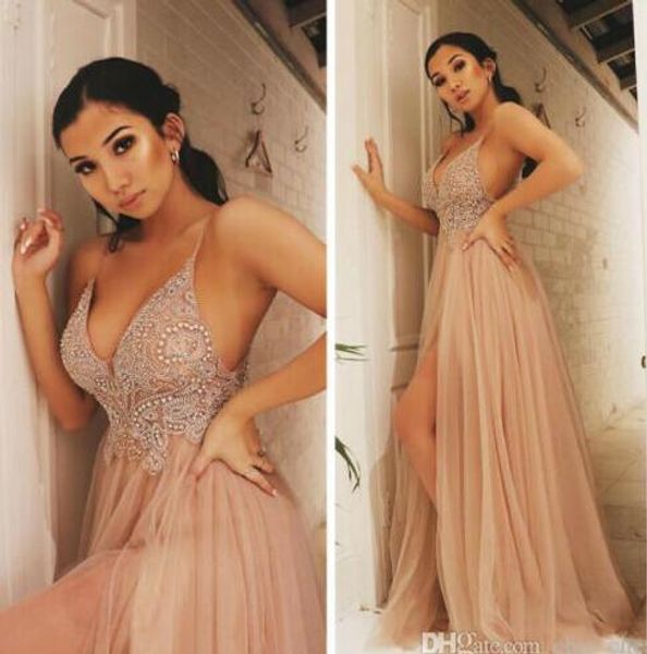 

arabic beaded evening dresses spaghetti straps backless prom gowns champagne a line tulle skirt slit front crystal beading birthday party, Black