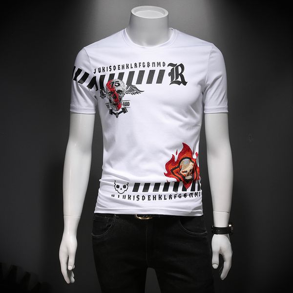 

2020 new rhinestone mercerized cotton short-sleeved t-shirt men's tide brand trend personality net red skull men's half-sleeved t, White;black