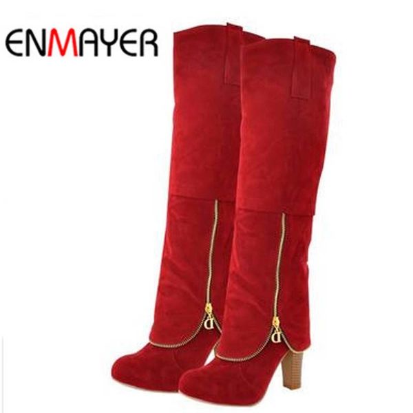 

enmayer flock fashion women winter boots shoes new long boots for women big size snow round toe square heel high boots shoes, Black