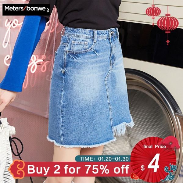 

metersbonwe denim skirt high waist a-line mini skirts women frayed irregular skirt 2019 summer new arrivals, Black;gray