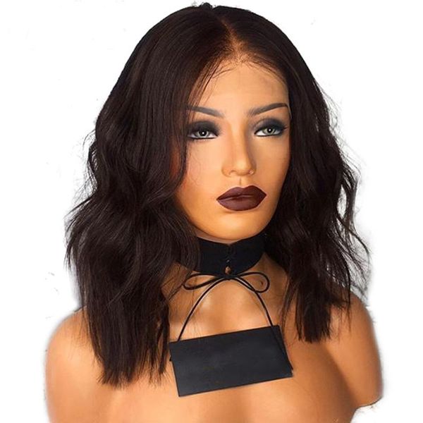 

short wavy lace front wigs with bangs natural wave malaysian remy glueless human hair wig with bangs natural color pre plucked, Black;brown