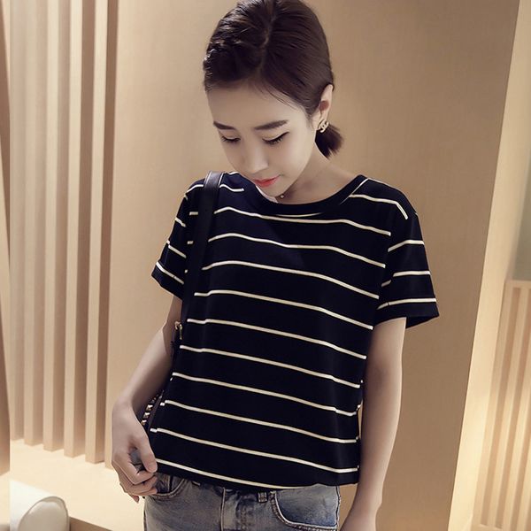 

women tees loose fashion striped shirt round neck short-sleeved casual summer classic female, White