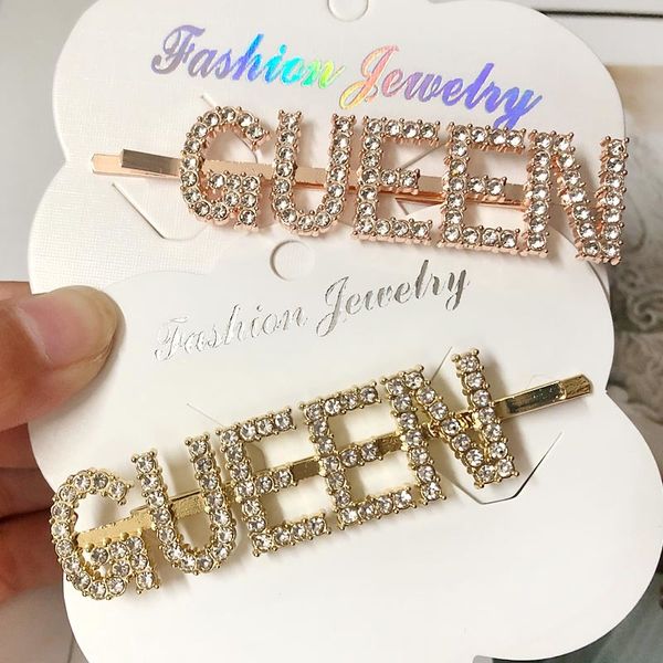 

hc030 2019 fashion rhinestone hairclips exquisite gueen letter hari pin shiny crystal women metalbarrette hair accessories, Golden;white