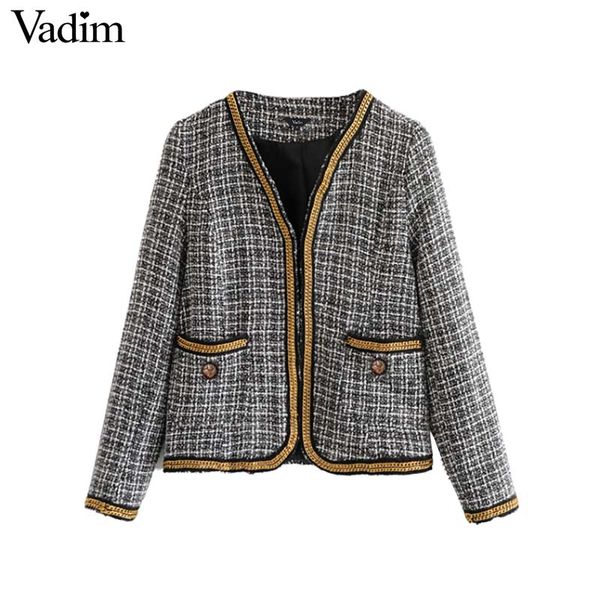 

vadim women v neck plaid tweed jacket chains decorate coat pockets buttons long sleeve outerwear retro female casual ca269, Black;brown